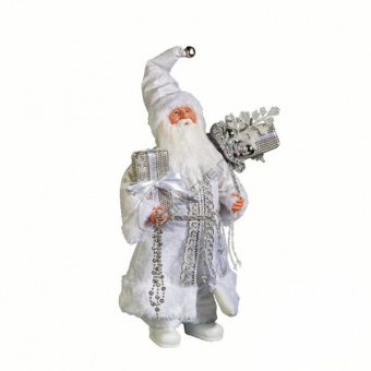 Дед Мороз с подарками в серебристой шубе и белых сапожках, 40 см